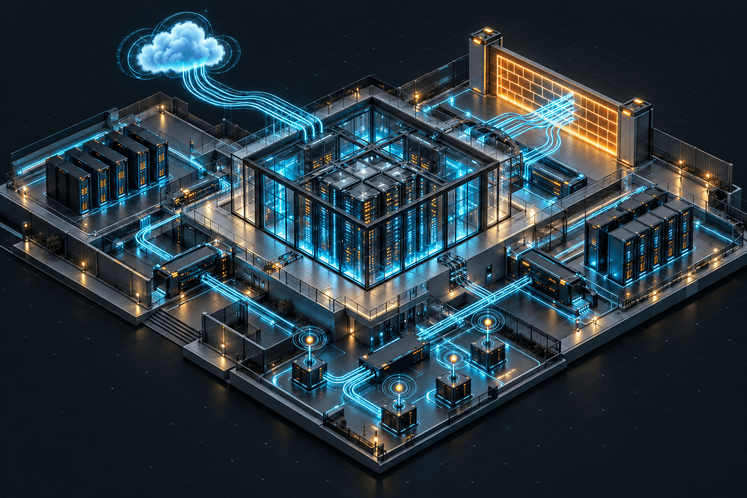 Isometric visualization of secure enterprise servers and monitored network connections